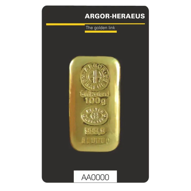 Золотой слиток Argor-Heraeus 100 g | литой — изображение 1